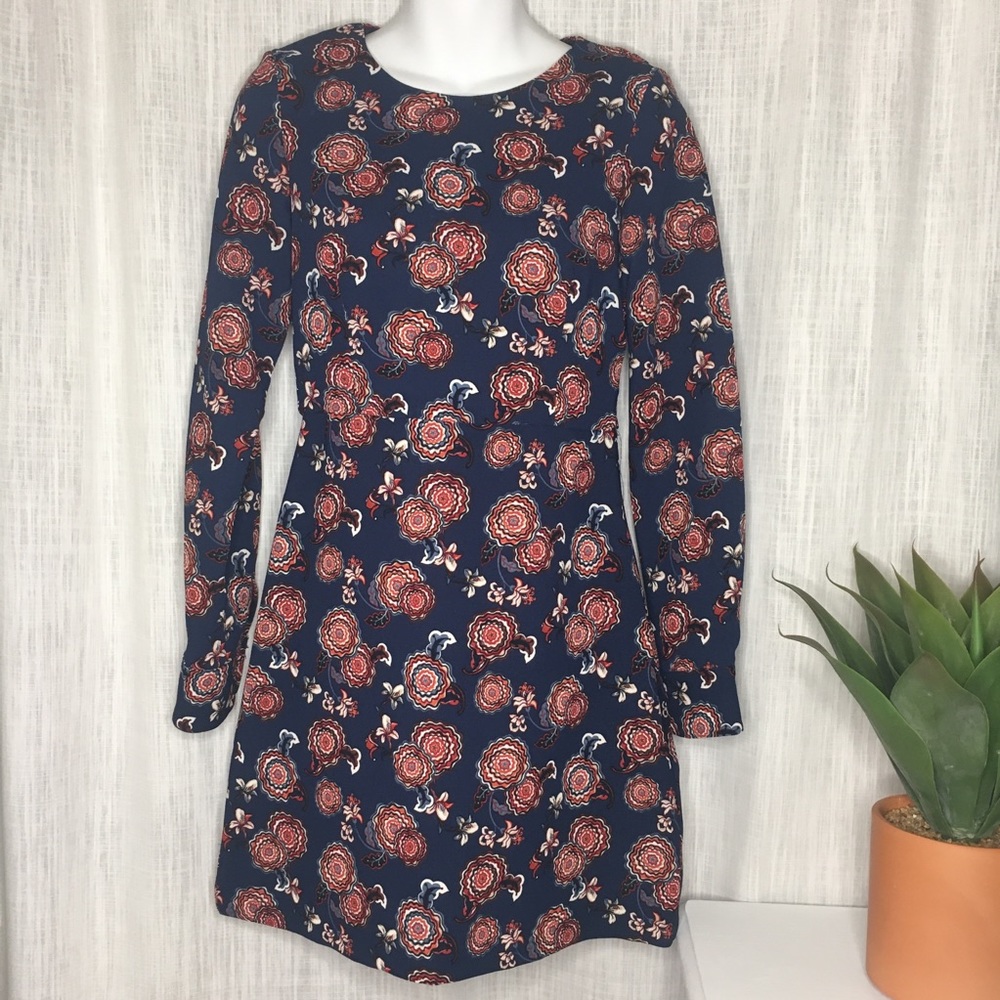 Navy & Burgundy Floral Print Dress
